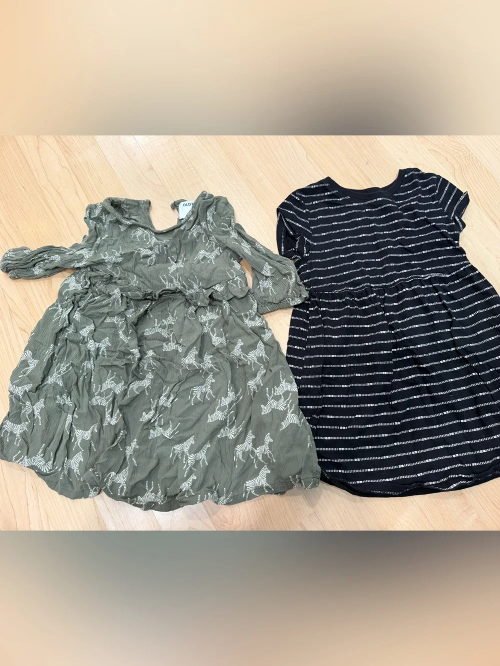 Old Navy Olive Green Zebra Print Long Sleeve Kids Dress and black short sleeve